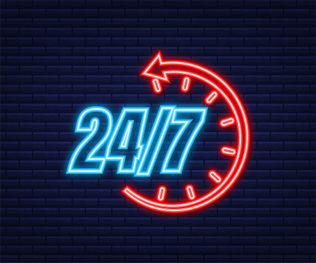 24-7 service concept. 24-7 open. Neon icon. Support service icon. Vector stock illustration