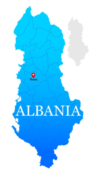 Albania Blue Map with editable Regions Albania detailed Map with editable Regions and Capital City macedonia kosovo stock illustrations