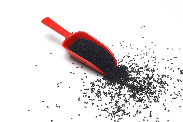 istock Nigella sativa or Black cumin in Red spoon isolated on white background 1340118343