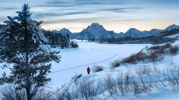 Woman hiking by Grand Teton National Park Woman hiking by Grand Teton National Park in Wyoming snake river valley grand teton national park stock pictures, royalty-free photos & images