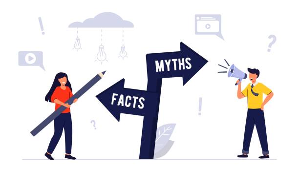 ilustrações de stock, clip art, desenhos animados e ícones de myths and facts information accuracy in flat tiny persons concept businessman and directional sign of facts versus myths verify rumors scene fake news versus trust and honest data source - information equipment