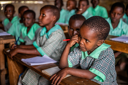 African school children in the school near Masai Mara Game Reserve in Kenya, East Africa