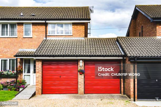 Red Garage Door Stock Photo - Download Image Now - Garage, House, Door