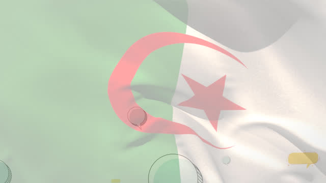 Animation of flag of algeria blowing over floating empty speech bubble shapes