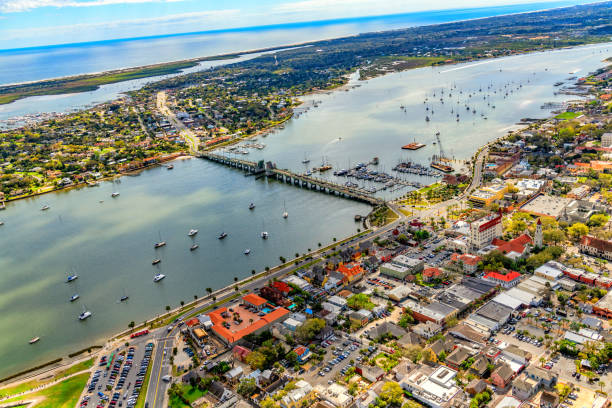 Saint Augustine Florida Aerial The beautiful city of St. Augustine, Florida along the Atlantic coastline shot from overhead. bridge of lions stock pictures, royalty-free photos & images