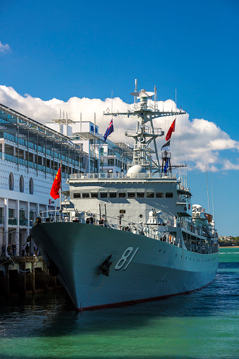 Auckland, New Zealand - 04 December, 2016: Navy ship moored in Auckland on a sunny summer day for public visits.