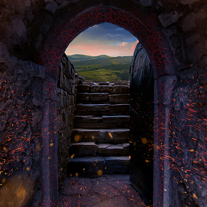 fantasy dungeon dreamland view from medieval castle arch shape architecture tunnel object with sparks hot lighting and beautiful background landscape