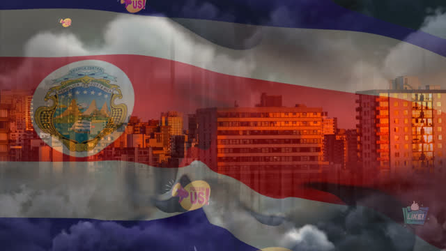 Animation of flag of costa rica blowing over cityscape and text follow us and like, online messages