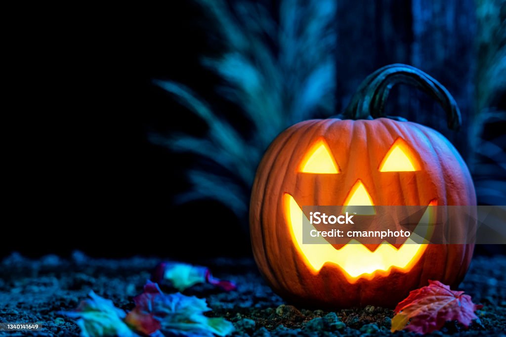 Smiling Jack O’ Lantern, glowing from the light within, looking at camera, A smiling Jack O’ Lantern carved from a pumpkin looking at the camera, glowing from within, sitting on the dirt with Autumn leaves in front of a wooden post at light lit from the moonlight. Jack O' Lantern Stock Photo