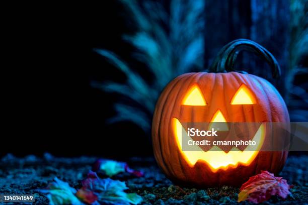 Smiling Jack O Lantern Glowing From The Light Within Looking At Camera Stock Photo - Download Image Now