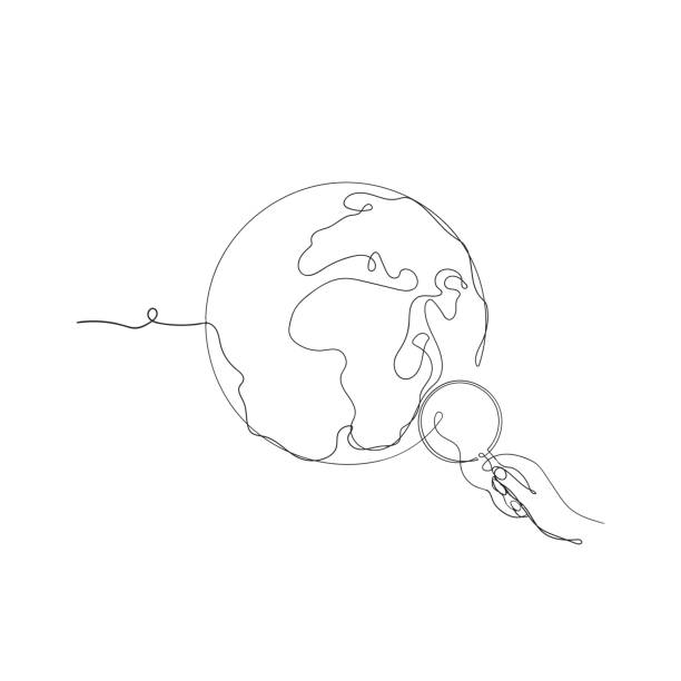 stockillustraties, clipart, cartoons en iconen met hand drawn continuous line art style globe and magnifying glass illustration icon - uitzoomen