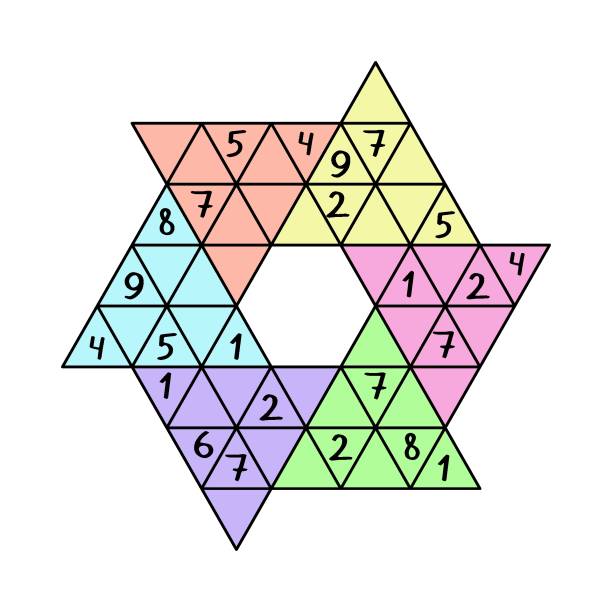 Sudoku star - unusual sudoku puzzle for kids and adults vector illustration Sudoku star - unusual sudoku puzzle for kids and adults vector illustration. Funny colorful number game white isolated. Complete sudoku with numbers 1-9 in each line and big triangles sudoku variants stock illustrations