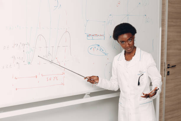 istock African American woman math teacher stands at blackboard with pointer 1340144386