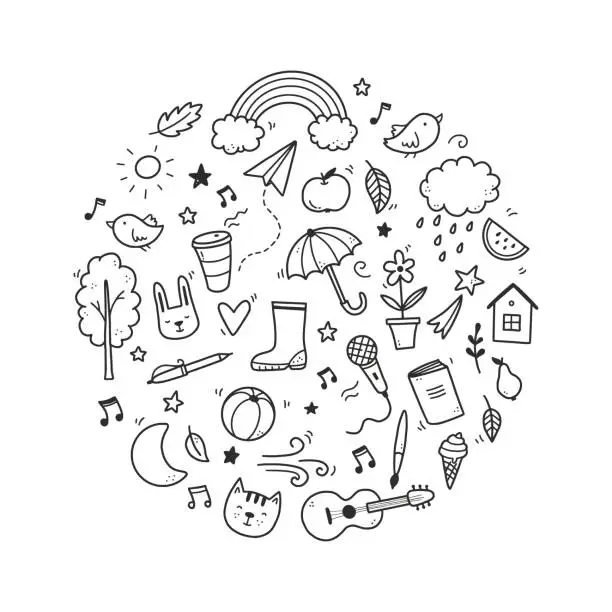 Vector illustration of Cute doodle with cloud, rainbow, sun, animal element.