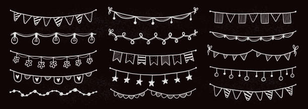 ilustrações de stock, clip art, desenhos animados e ícones de party garland set with flag, bunting, pennant. - blackboard chalk drawing chalk banner