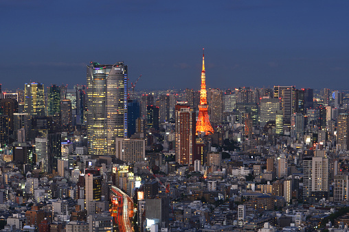 Aerial panoramic view just after sunset in Tokyo, Japan