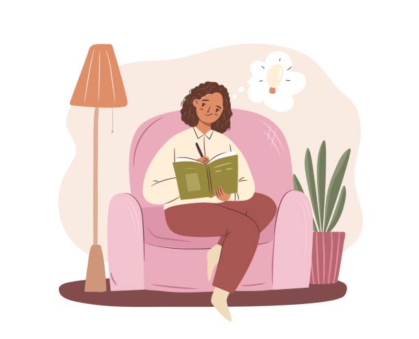 Woman writing sitting in armchair concept. Afro american girl having an idea. Cozy home scene with armchair, plant, lamp. Flat vector illustration Woman writing sitting in armchair concept. Afro american girl having an idea. Cozy home scene with armchair, plant, lamp. writing notes stock illustrations