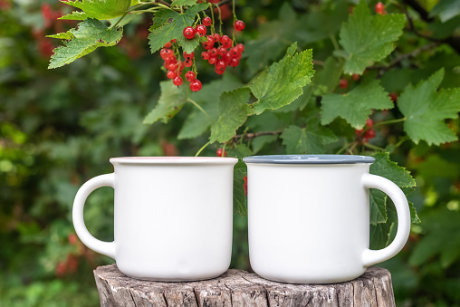 Two Mugs mockup with bokeh green nature. Farmhouse rustic style. White coffee cup mock up. Blank mug printing design template.
