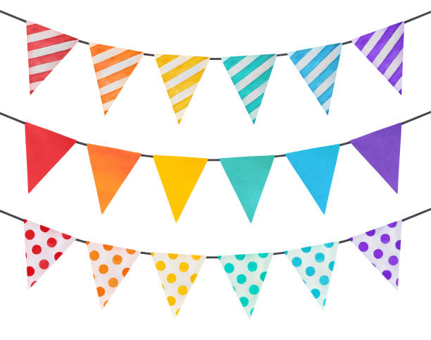 istock Watercolor illustration set of party garlands with rainbow colored triangular flags of various patterns. 1340151182