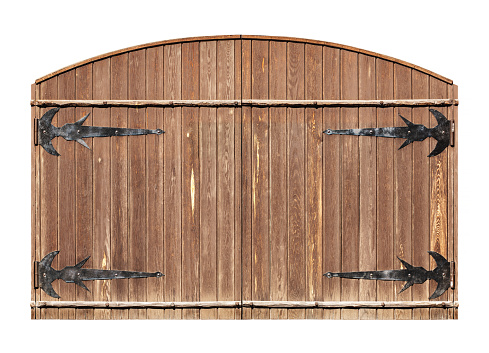Wooden rustic gate with metal hinges. Doors in the fence isolated on white background. Exterior of a rural decorative entrance. Closed passage.