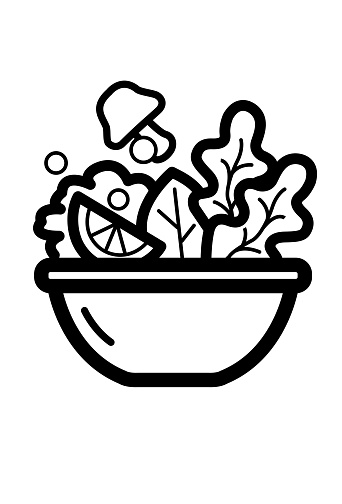 Salad icon vector illustration in monochrome color. Icon for sign design or UI design for vegan food related business, vegan food restaurant, healthy food chain store, vegetarian friendly store. Salad icon logo, app, UI.