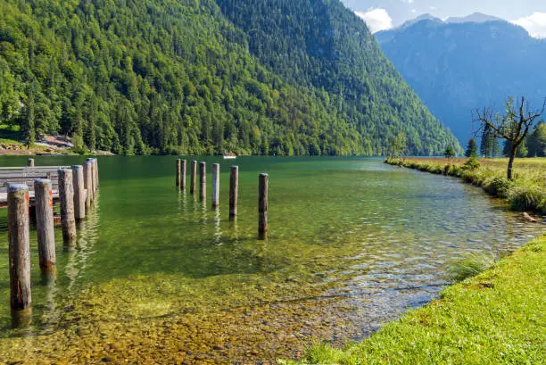 Schönau am Königssee, Germany, September 2021: Panoramic view of Lake Königssee with jetty