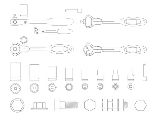 키 안감 소켓 렌치 키트 + 볼트 – 편집하기 쉬운 - socket wrench stock illustrations