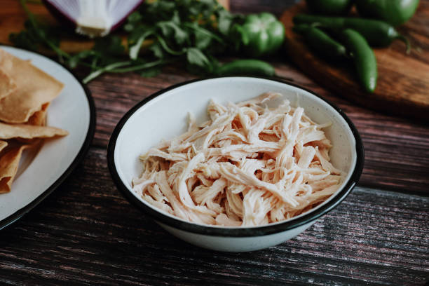 mexican shredded chicken ingredient for traditional food in Mexico mexican shredded chicken ingredient for traditional food in Mexico boiled stock pictures, royalty-free photos & images