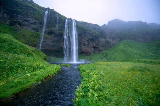 Side view of Seljalandsfoss waterfall and river flowing away, Iceland. Around is grass and moss,   high rocks, and blue sky with some clouds.