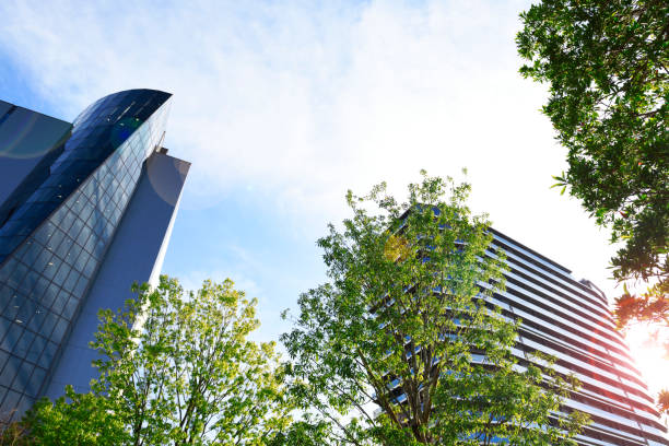 edifici aziendali moderni con verde - emissioni di co2 foto e immagini stock