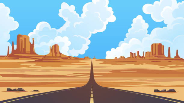 illustrazioni stock, clip art, cartoni animati e icone di tendenza di paesaggio desertico con strada che va lontano all'orizzonte. monument valley navajo tribal park, illustrazione vettoriale. - altopiano