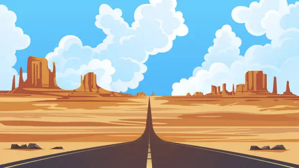 Vector illustration of Desert landscape with road going far away into the horizon. Monument Valley Navajo Tribal Park, vector illustration.