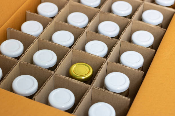 istock glass bottles in a cardboard box with partitions for transporting broken items. 1340169441