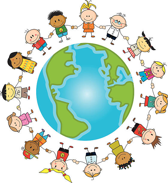 Earth is my friend Children around the world. kids holding hands stock illustrations
