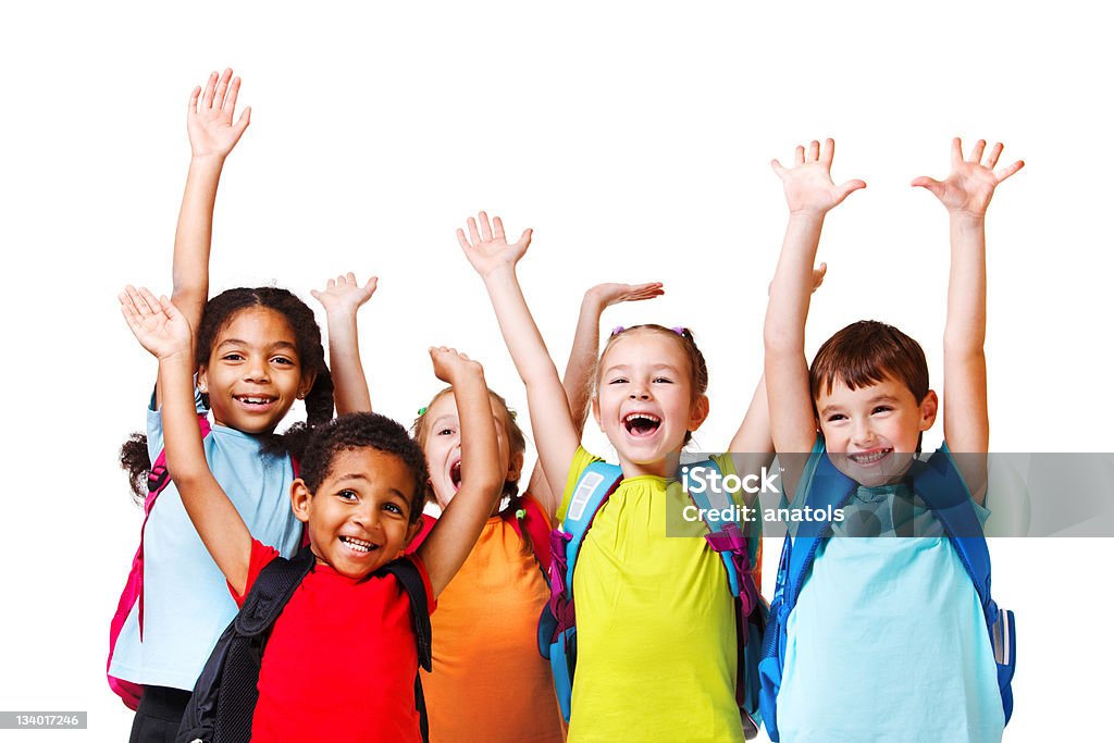 Emotional friends Group of emotional friends with their hands raised Child Stock Photo