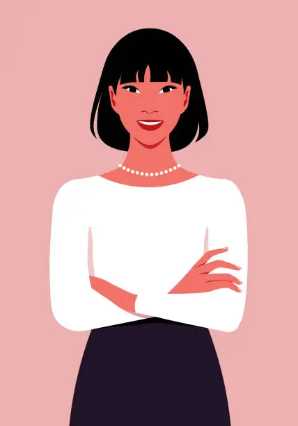 Vector illustration of Portrait of a young Asian woman with crossed arms.