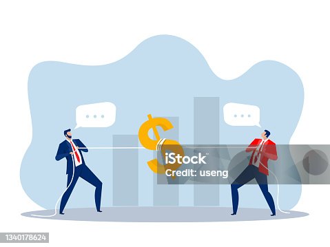 istock Two businessman pulling dollar as symbol of competition, conflict concept  Vector illustration in flat style. 1340178624
