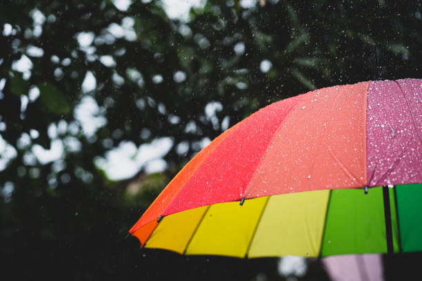istock Rain on rainbow umbrella in the garden. 1340178922