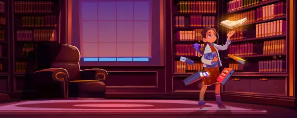 Vector illustration of Girl with flying books with magic glow in library