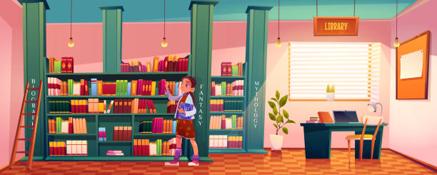ilustraciones, imágenes clip art, dibujos animados e iconos de stock de chica en la biblioteca elige libros para leer en el estante - boston athenaeum