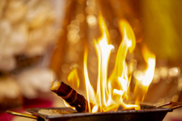 Close up of the offerings of Yajna at a Hindu wedding in Beau-Bassin, the republic of Mauritius, Africa