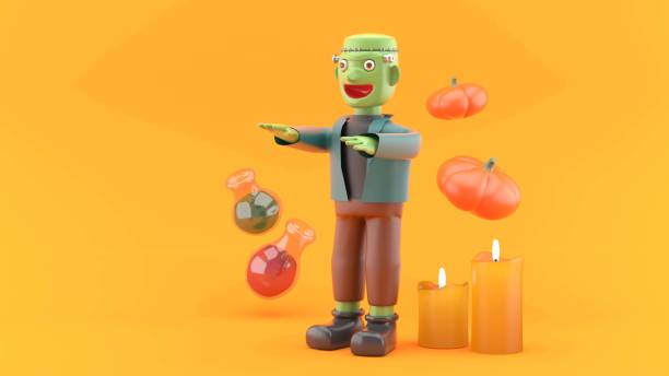 artificial man surrounded by test tubes, pumpkins and candles on an orange background.Characters for Halloween.-3d rendering. artificial man surrounded by test tubes, pumpkins and candles on an orange background.Characters for Halloween.-3d rendering. halloween pumpkin human face candlelight stock pictures, royalty-free photos & images
