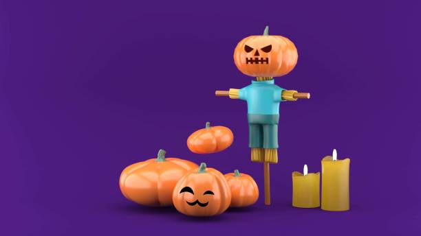 istock Jack O Lantern straw puppet surrounded by pumpkins and candles on a purple background.Characters for Halloween.-3d rendering.