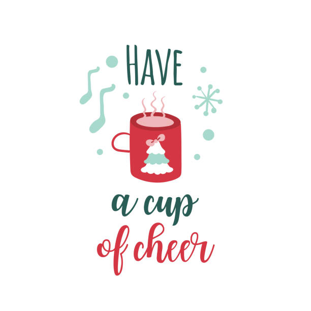 Christmas logotype or insignia. Cute cartoon cup of hot tea with Christmas tree. Have a cup of cheer. vector art illustration