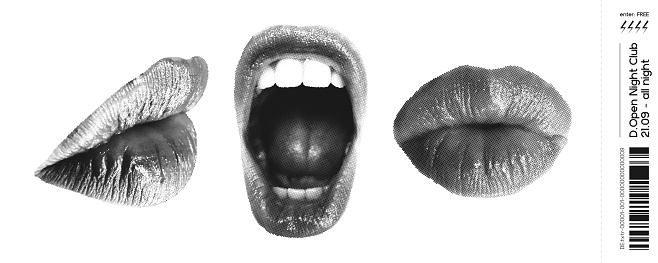 Set of Halftone Female mouths in different poses. Wide open mouth and closed kissing lips, side and front view