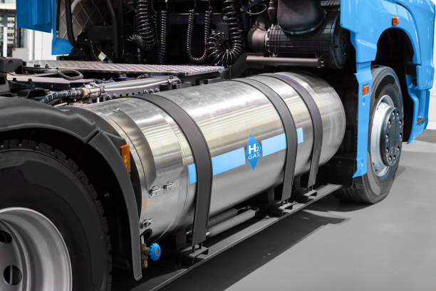 A hydrogen fuel cell semi truck with H2 gas cylinder stock photo