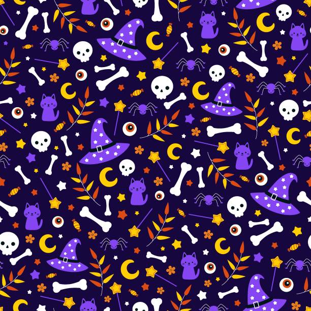 Seamless vector pattern in cartoon style with hand-drawn Halloween elements Seamless vector pattern in cartoon style with hand-drawn Halloween elements. Cat, witch hat, magic wand, moon, skull, eye and bones in a funny childish print on a dark blue background for textiles or packaging halloween patterns stock illustrations