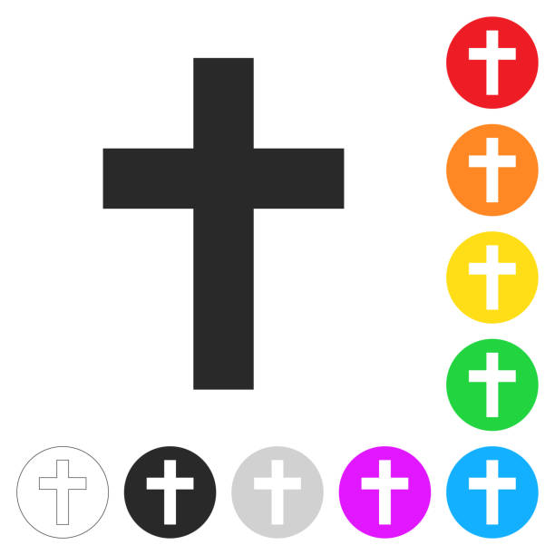 Religion cross. Flat icons on buttons in different colors Icon of "Religion cross" isolated on white background. Includes 9 buttons with a flat design style for your design, in different colors (red, orange, yellow, green, blue, purple, gray, black, white, line art), each icon is separated on its own layer. Vector Illustration (EPS10, well layered and grouped). Easy to edit, manipulate, resize or colorize. Vector and Jpeg file of different sizes. celtic cross stock illustrations