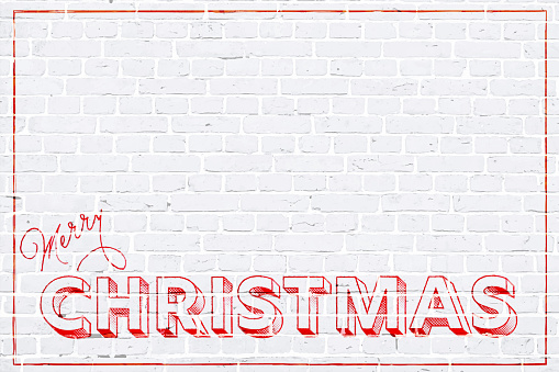 A white colored brick wall with rectangular blocks, textured grungy backgrounds. There is Merry Christmas message written in retro style. Apt for use as Xmas backdrops, wallpapers, greeting cards templates.