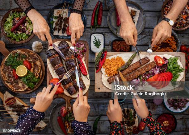 Many Types Of Kebap On The Table Like Adana Kebabı And Patlıcan Kebabı Stock Photo - Download Image Now